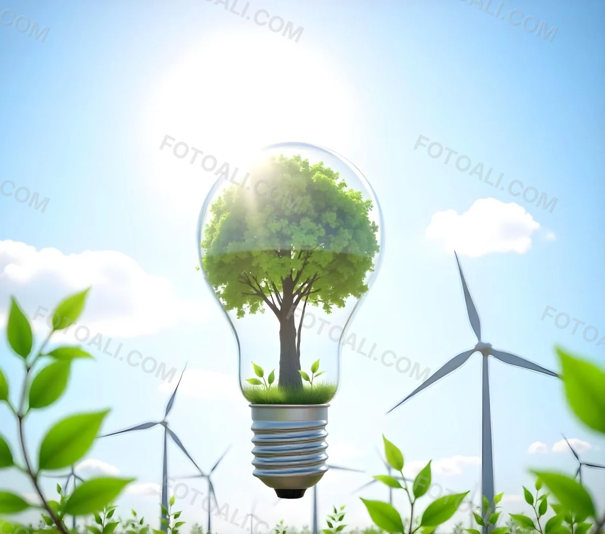 A Light Bulb With A Tree Inside Green Leaves Around The Bulb Wind Turbines In The Background Blue Sky With Clouds Concept Of Green Energy 24 2b0a