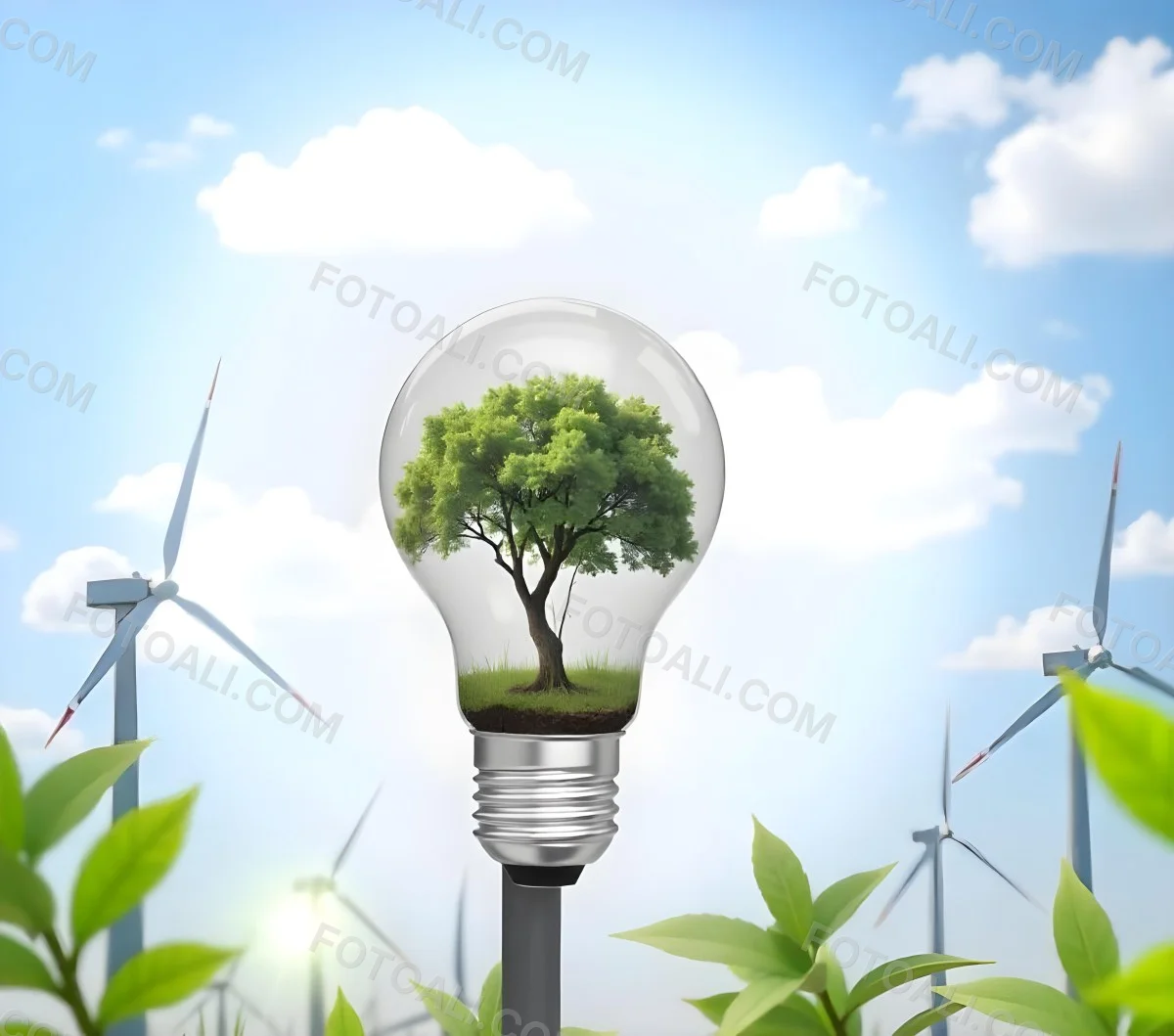 A Light Bulb With A Tree Inside Green Leaves Around The Bulb Wind Turbines In The Background Blue Sky With Clouds Concept Of Green Energy 25 Aa4e