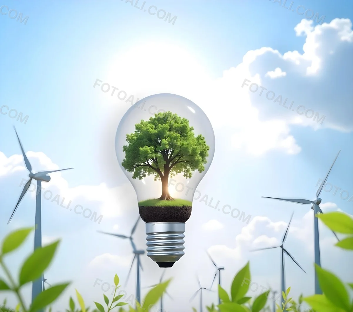 A Light Bulb With A Tree Inside Green Leaves Around The Bulb Wind Turbines In The Background Blue Sky With Clouds Concept Of Green Energy 27 7846