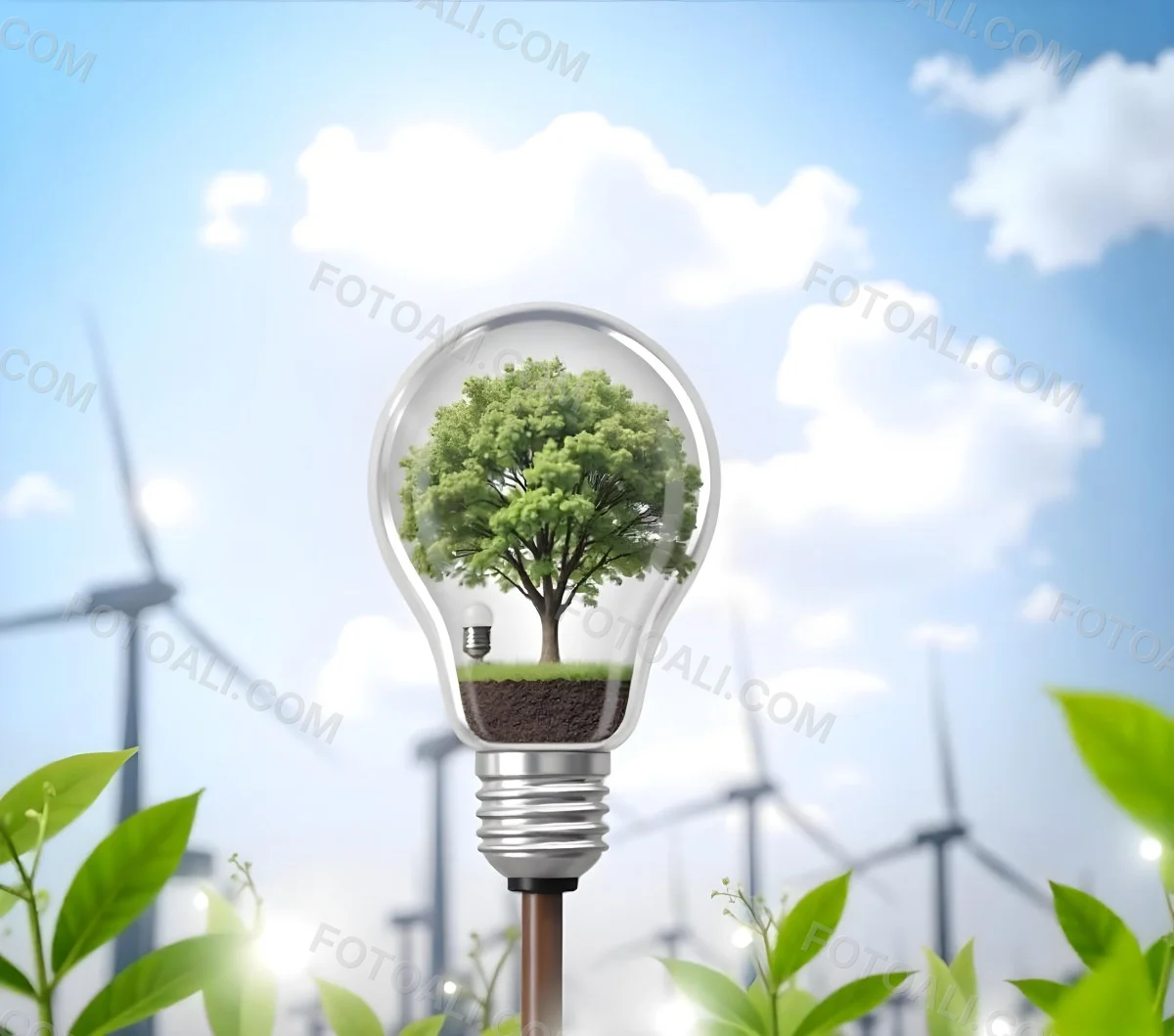 A Light Bulb With A Tree Inside Green Leaves Around The Bulb Wind Turbines In The Background Blue Sky With Clouds Concept Of Green Energy 36 8dbb