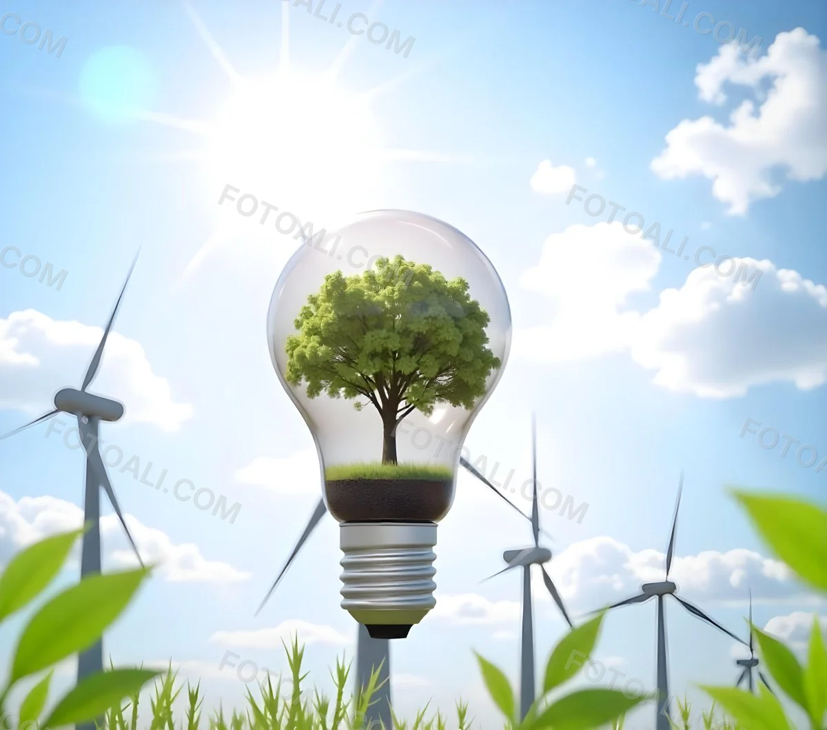 A Light Bulb With A Tree Inside Green Leaves Around The Bulb Wind Turbines In The Background Blue Sky With Clouds Concept Of Green Energy 38 5658