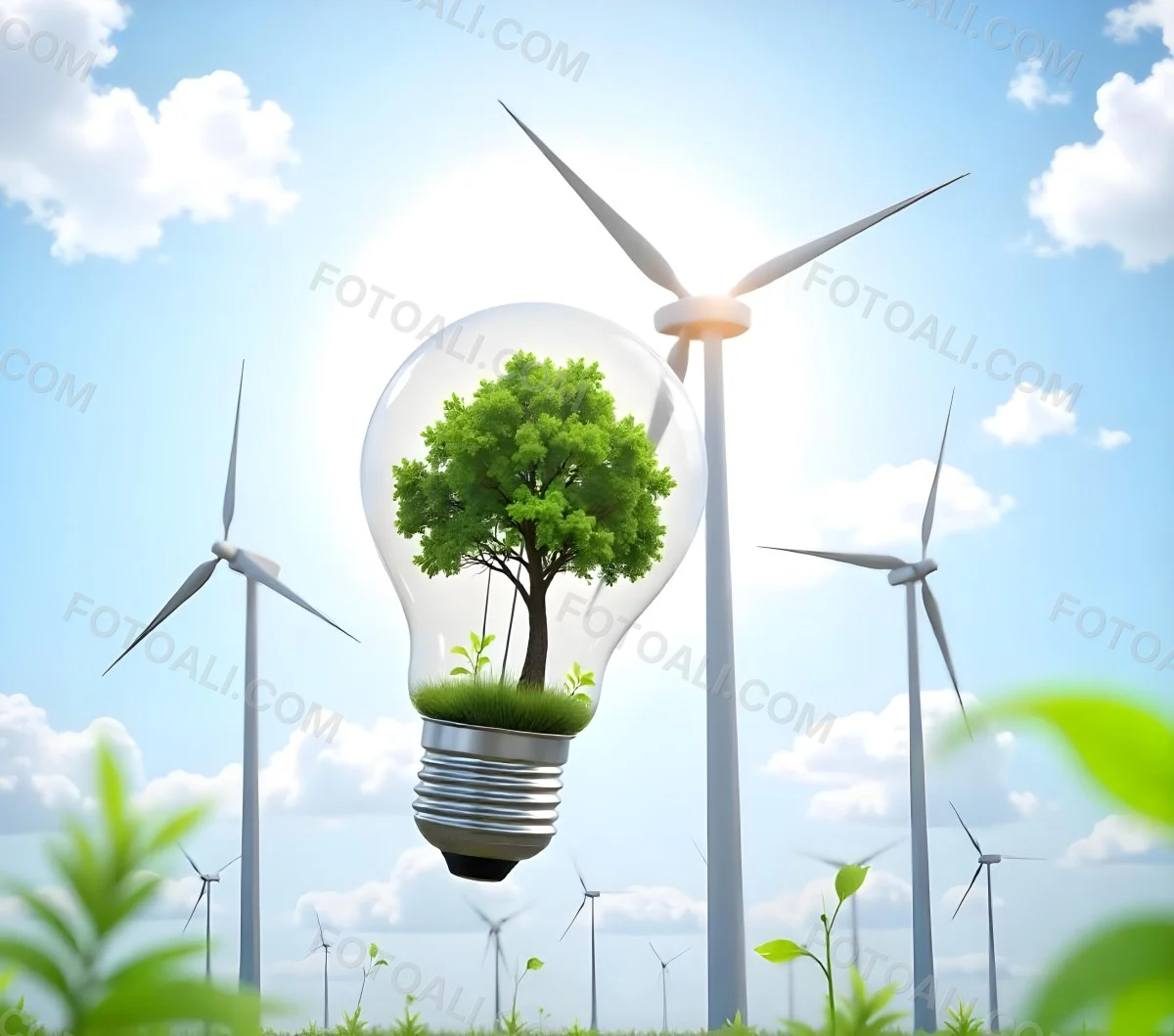 A Light Bulb With A Tree Inside Green Leaves Around The Bulb Wind Turbines In The Background Blue Sky With Clouds Concept Of Green Energy 7 0212