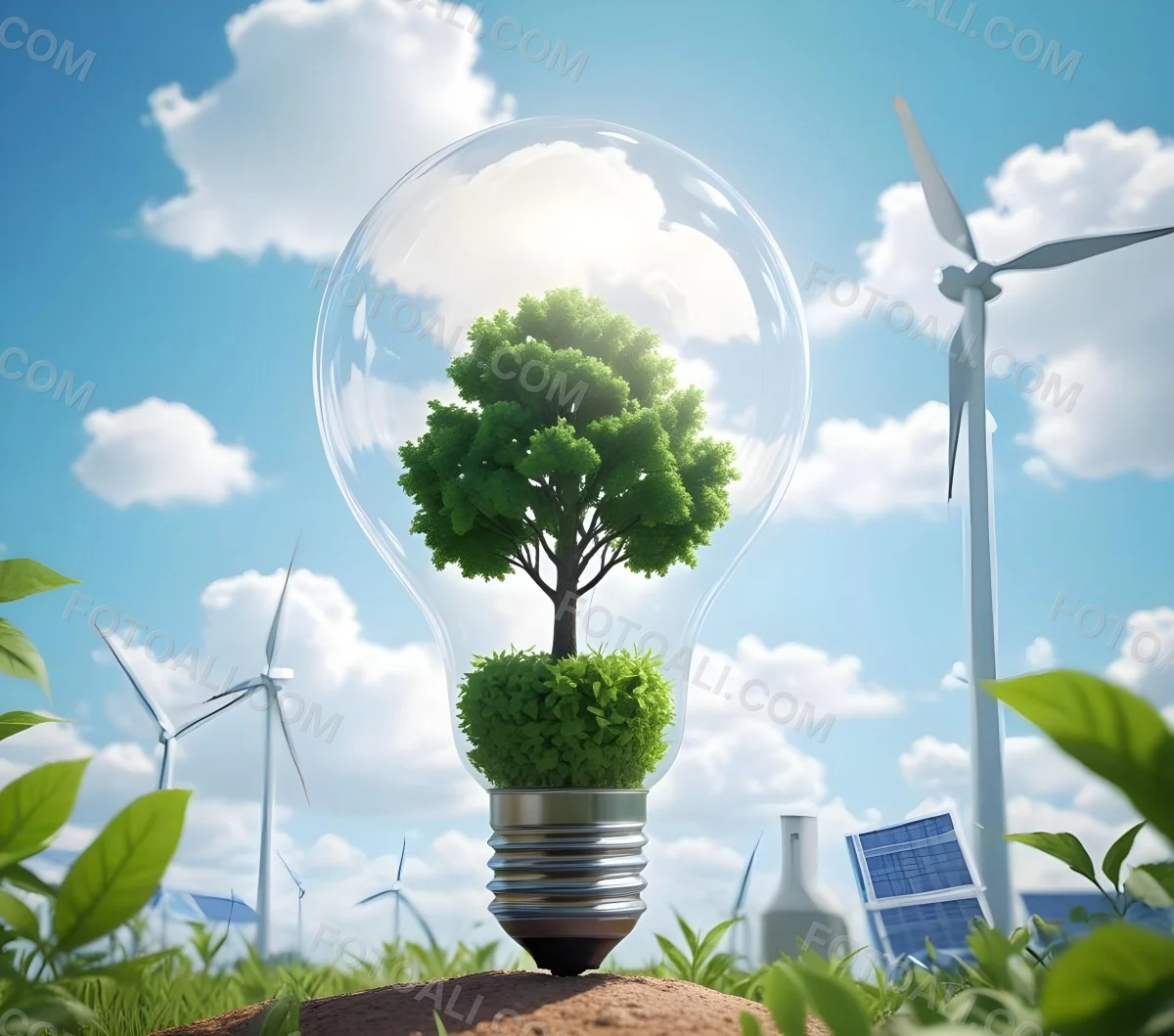 A Light Bulb With A Tree Inside Green Leaves Around The Bulb Wind Turbines In The Background Blue Sky With Clouds Concept Of Green Energy 8 6684