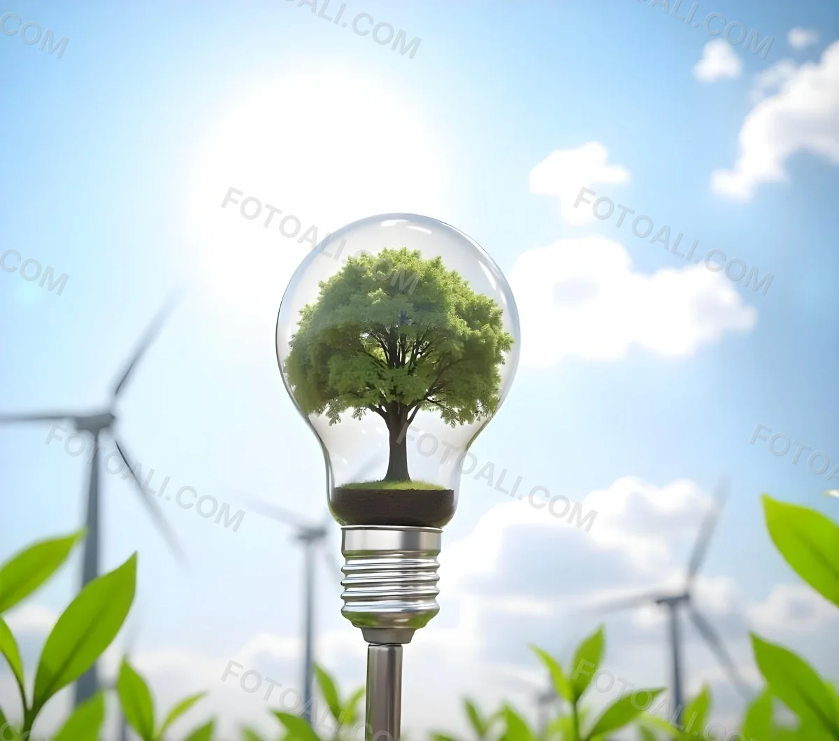 A Light Bulb With A Tree Inside Green Leaves Around The Bulb Wind Turbines In The Background Blue Sky With Clouds Concept Of Green Energy 9 Fd23