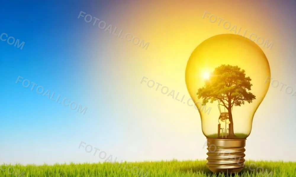 A Light Bulb With A Tree Inside On A Green Field With A Blue And Yellow Sky 108 7cbf