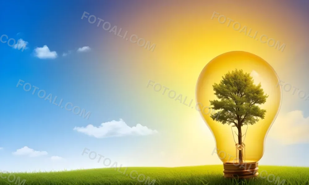 A Light Bulb With A Tree Inside On A Green Field With A Blue And Yellow Sky 13 6c75