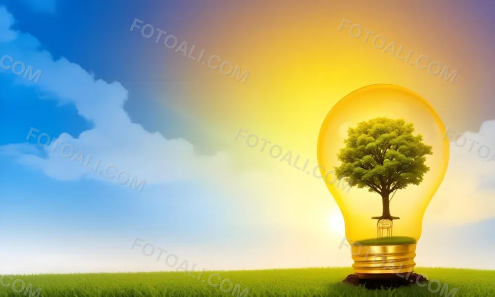 A Light Bulb With A Tree Inside On A Green Field With A Blue And Yellow Sky 17 61c7