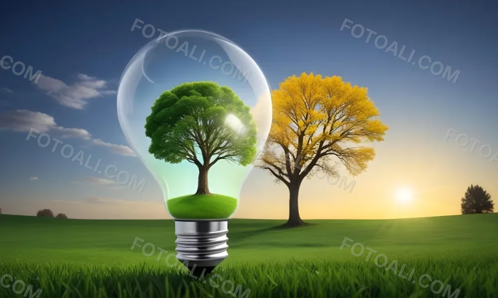 A Light Bulb With A Tree Inside On A Green Field With A Blue And Yellow Sky 35 Ed85