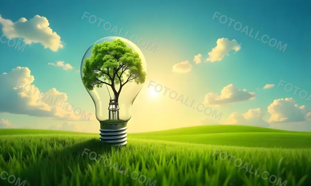 A Light Bulb With A Tree Inside On A Green Field With A Blue And Yellow Sky 67 Cee9