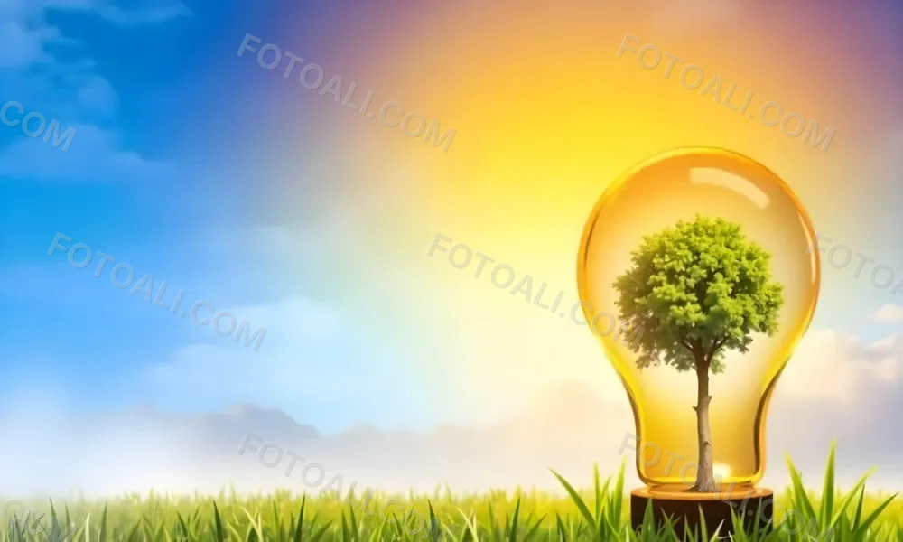 A Light Bulb With A Tree Inside On A Green Field With A Blue And Yellow Sky 89 2c6f