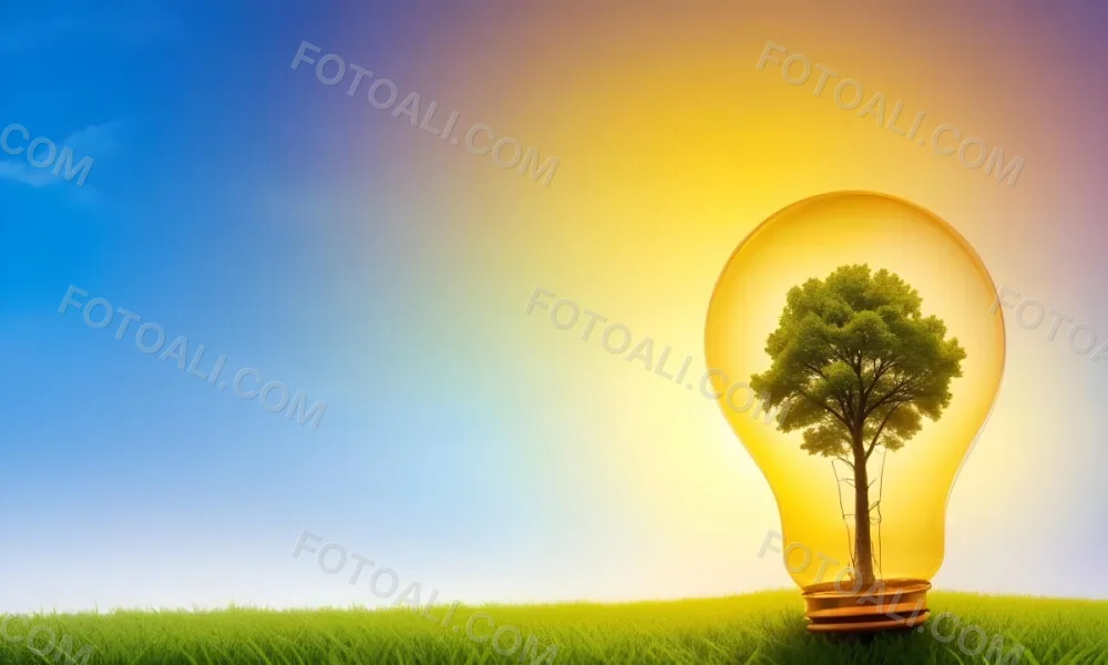 A Light Bulb With A Tree Inside On A Green Field With A Blue And Yellow Sky 9 Bdc5