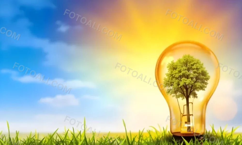 A Light Bulb With A Tree Inside On A Green Field With A Blue And Yellow Sky 91 5b33