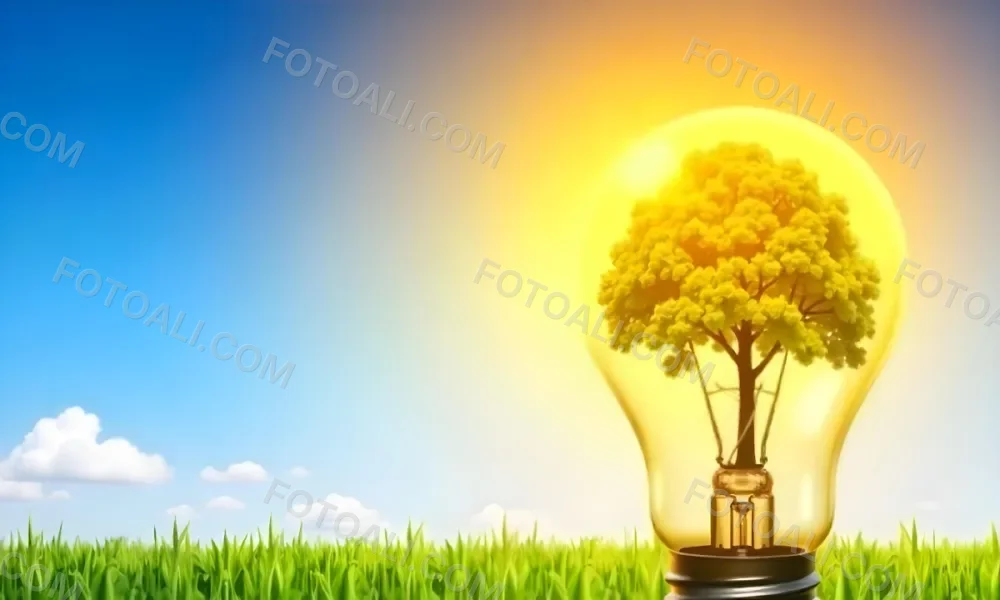 A Light Bulb With A Tree Inside On A Green Field With A Blue And Yellow Sky 93 8526