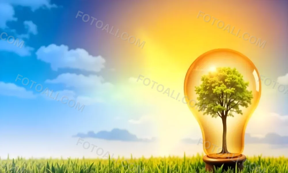 A Light Bulb With A Tree Inside On A Green Field With A Blue And Yellow Sky 95 93a9