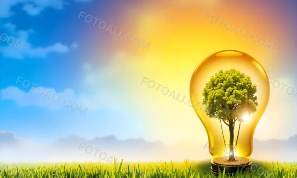 A Light Bulb With A Tree Inside On A Green Field With A Blue And Yellow Sky 97 5c85