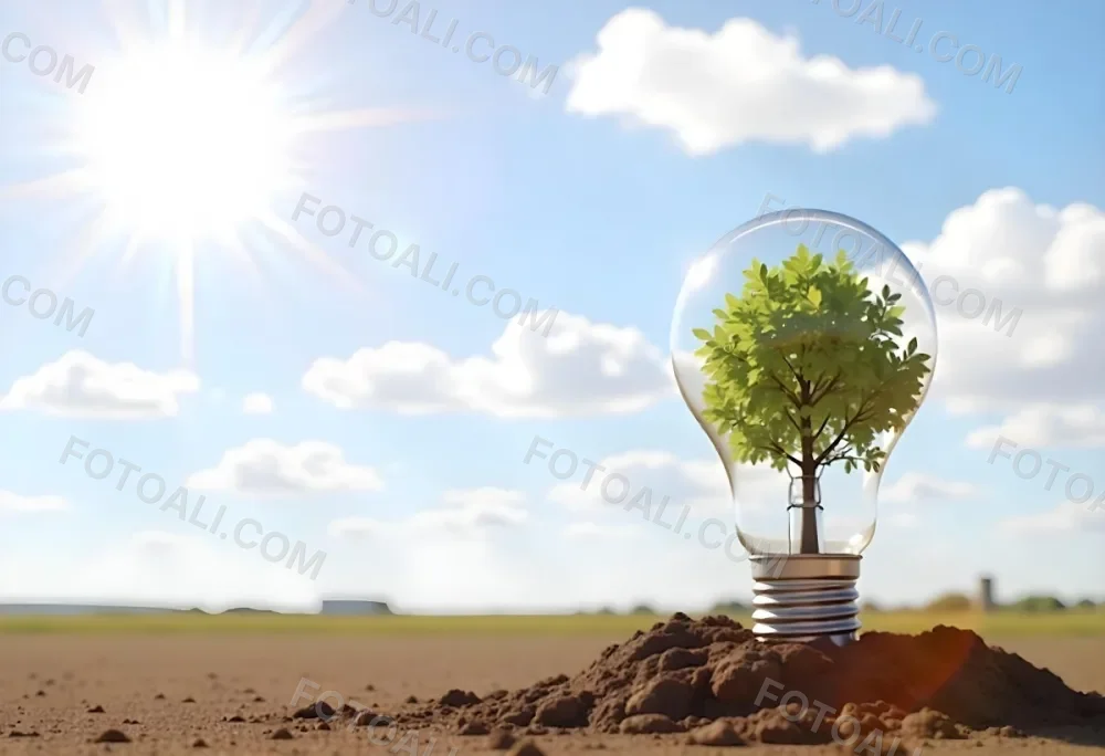 A Light Bulb With A Tree Inside On A Mound Of Dirt With A Bright Sun And A Blue Sky With White Clouds In The Background 13 E436