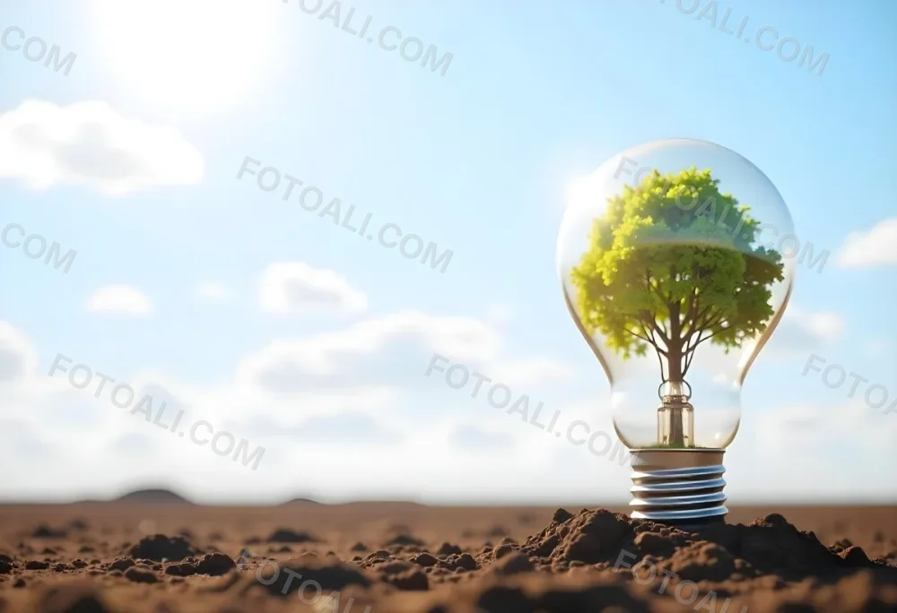 A Light Bulb With A Tree Inside On A Mound Of Dirt With A Bright Sun And A Blue Sky With White Clouds In The Background 22 035d