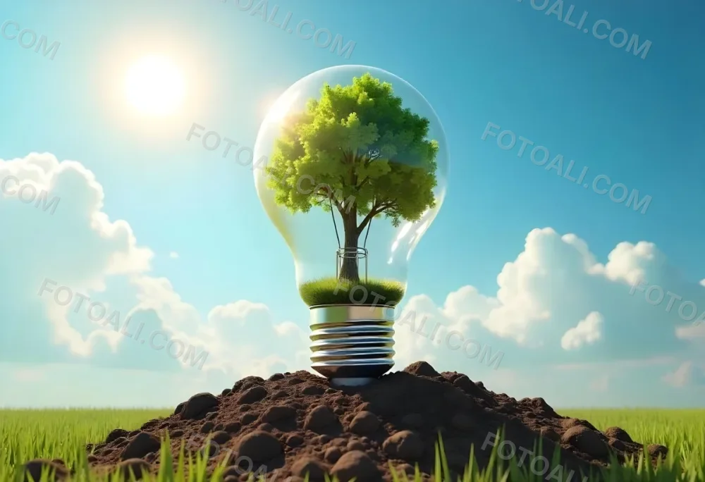 A Light Bulb With A Tree Inside On A Mound Of Dirt With A Bright Sun And A Blue Sky With White Clouds In The Background 27 9ff2