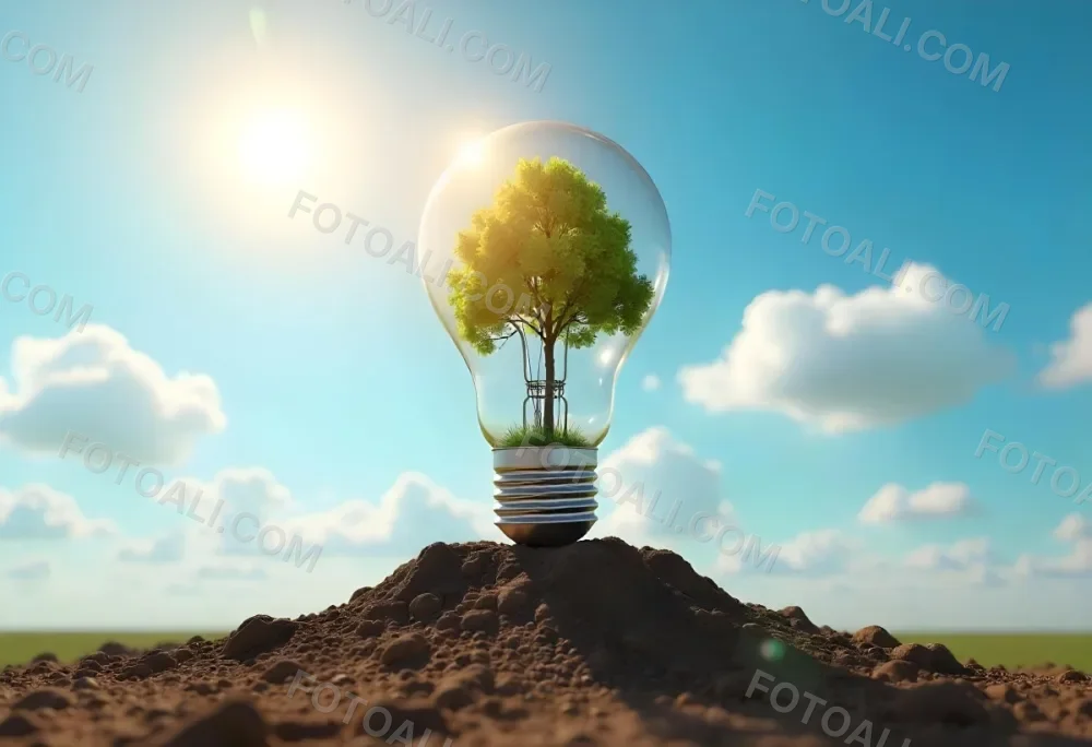 A Light Bulb With A Tree Inside On A Mound Of Dirt With A Bright Sun And A Blue Sky With White Clouds In The Background 31 C80b