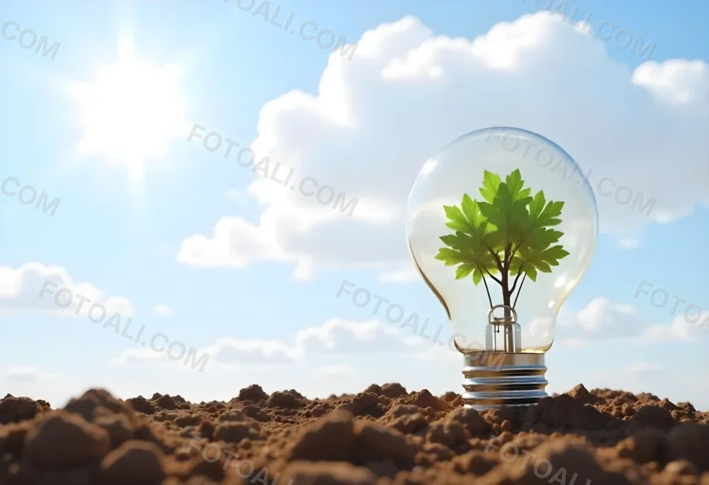 A Light Bulb With A Tree Inside On A Mound Of Dirt With A Bright Sun And A Blue Sky With White Clouds In The Background 35 15fb