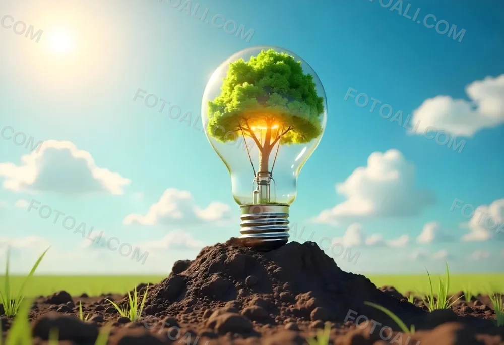 A Light Bulb With A Tree Inside On A Mound Of Dirt With A Bright Sun And A Blue Sky With White Clouds In The Background 44 A2e9