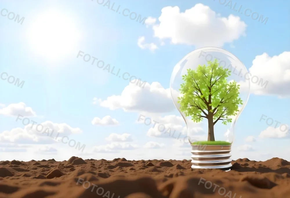A Light Bulb With A Tree Inside On A Mound Of Dirt With A Bright Sun And A Blue Sky With White Clouds In The Background 45 0264