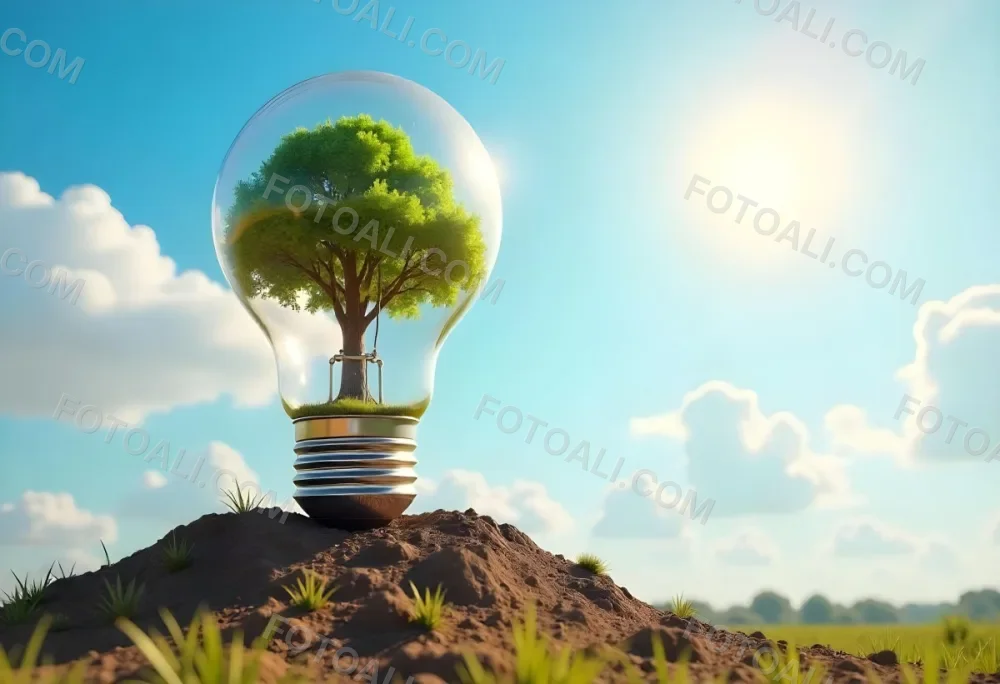 A Light Bulb With A Tree Inside On A Mound Of Dirt With A Bright Sun And A Blue Sky With White Clouds In The Background 6 Bcdc