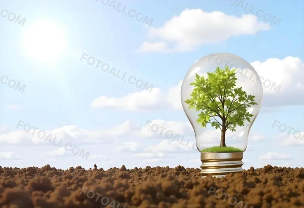 A Light Bulb With A Tree Inside On A Mound Of Dirt With A Bright Sun And A Blue Sky With White Clouds In The Background 7 6deb