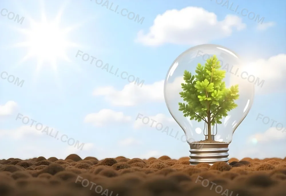 A Light Bulb With A Tree Inside On A Mound Of Dirt With A Bright Sun And A Blue Sky With White Clouds In The Background 9 8ccb