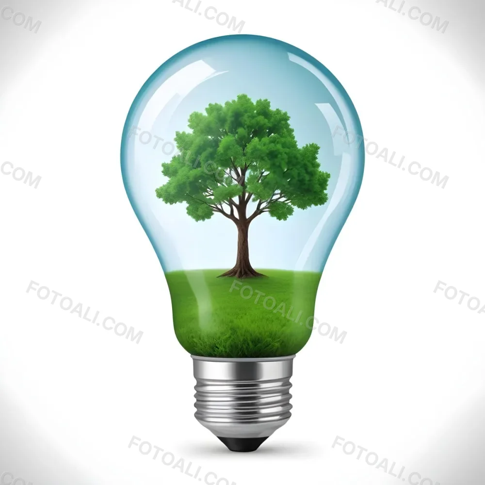 A Light Bulb With A Tree Inside The Tree Has Green Leaves And A White Trunk The Background Is White 7 6545
