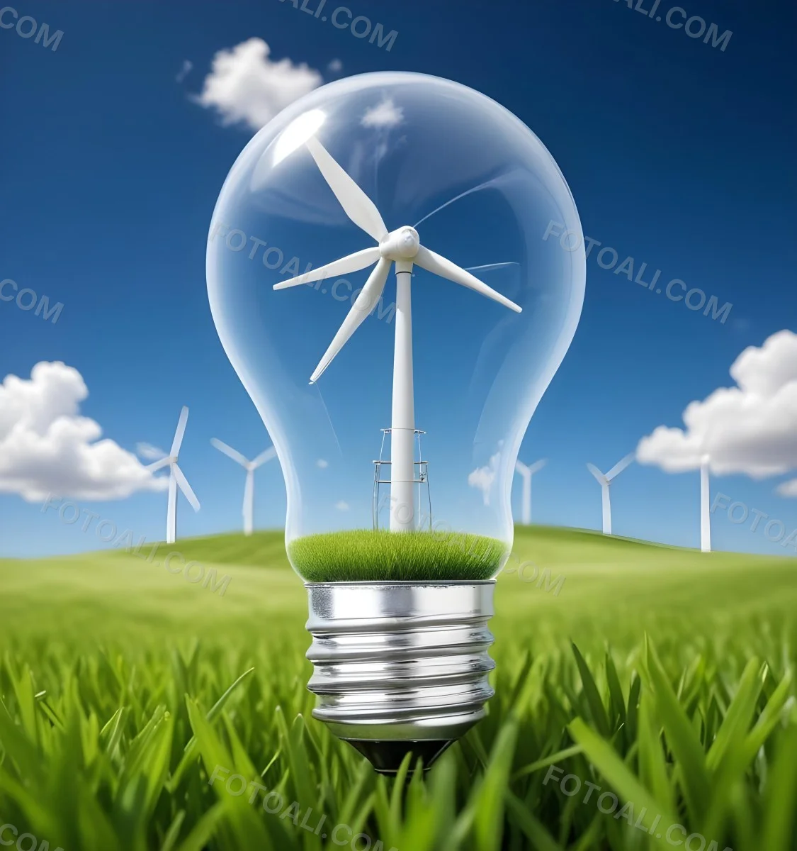 A Light Bulb With A Wind Turbine Inside Green Grass At The Bottom Blue Sky With Clouds In The Background Wind Turbines In The Distance 11 0b42