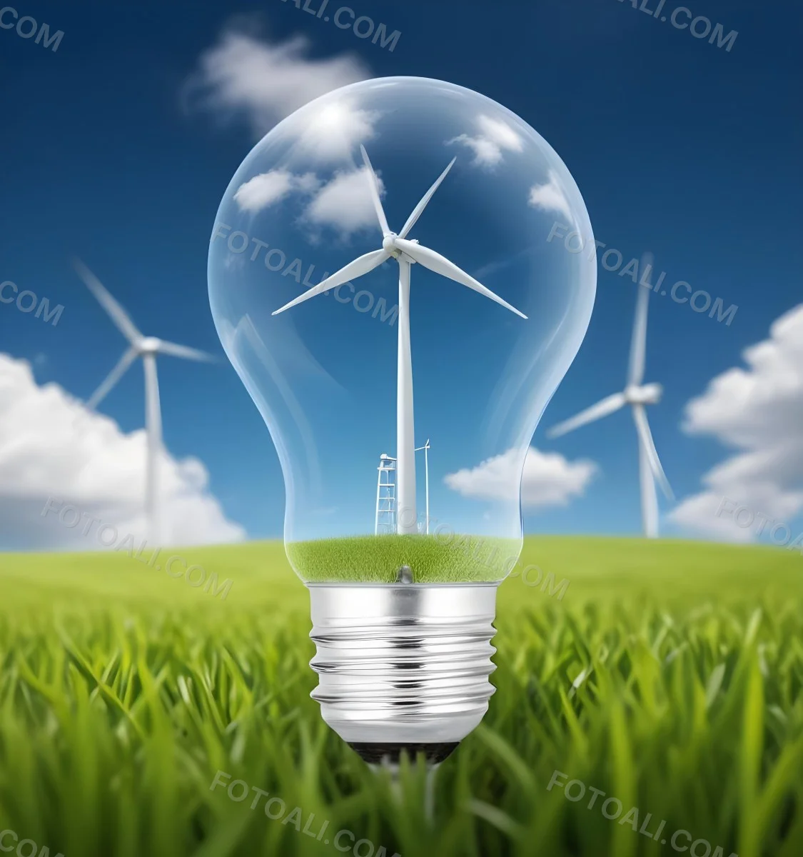 A Light Bulb With A Wind Turbine Inside Green Grass At The Bottom Blue Sky With Clouds In The Background Wind Turbines In The Distance 13 62b6