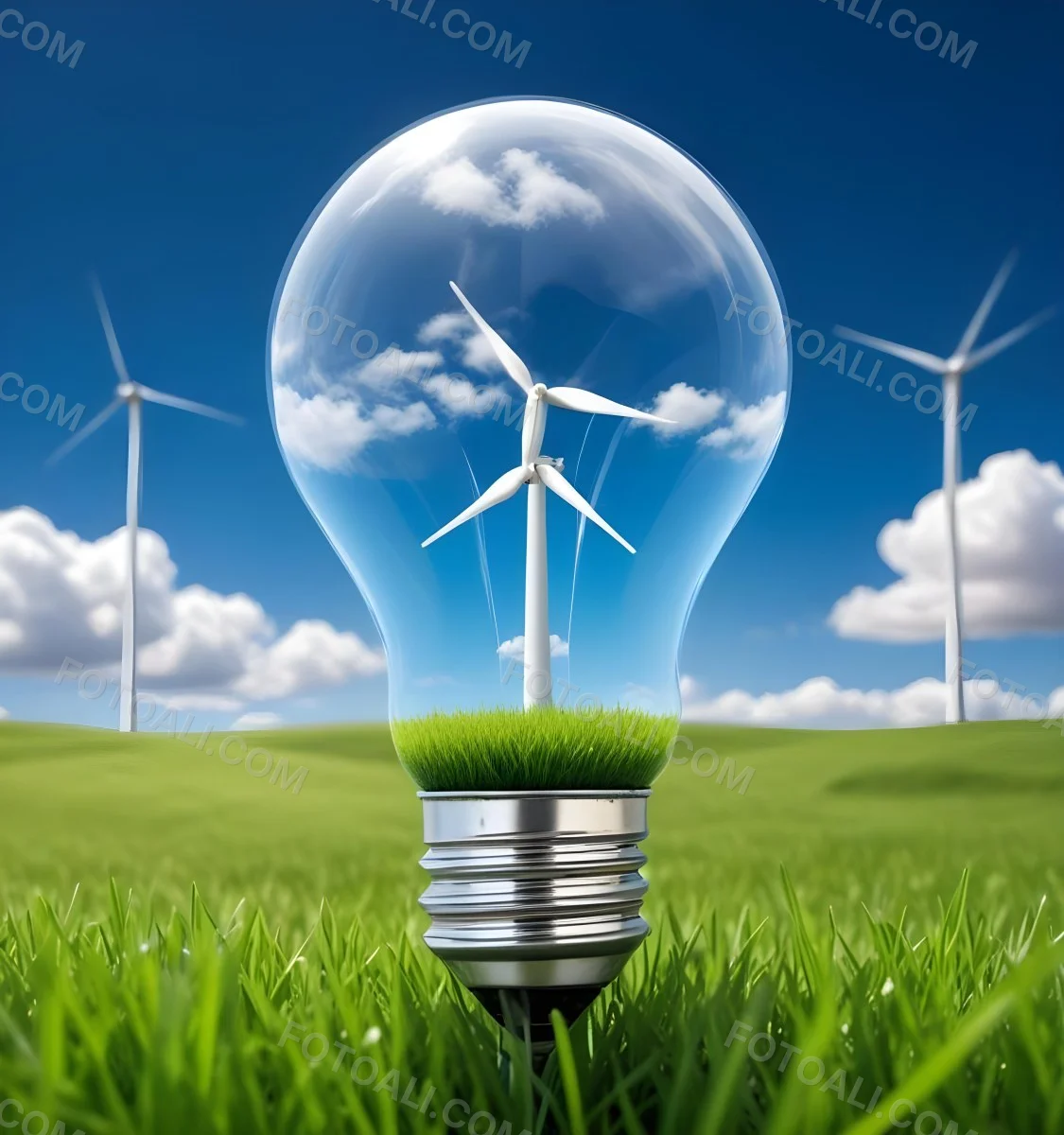 A Light Bulb With A Wind Turbine Inside Green Grass At The Bottom Blue Sky With Clouds In The Background Wind Turbines In The Distance 15 Fce6