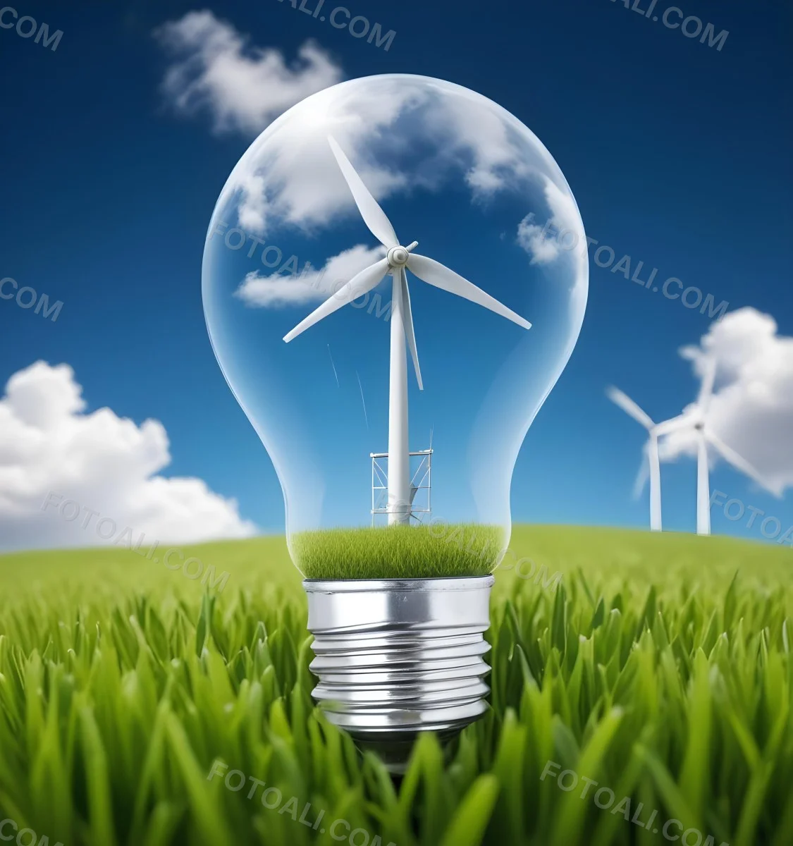 A Light Bulb With A Wind Turbine Inside Green Grass At The Bottom Blue Sky With Clouds In The Background Wind Turbines In The Distance 18 Fa97