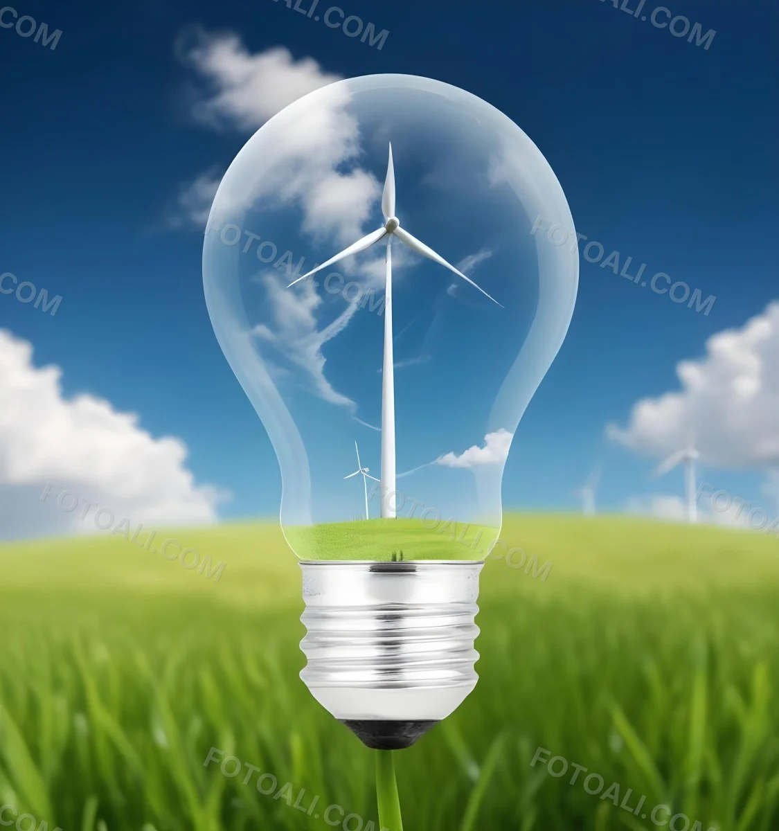 A Light Bulb With A Wind Turbine Inside Green Grass At The Bottom Blue Sky With Clouds In The Background Wind Turbines In The Distance 25 01b2