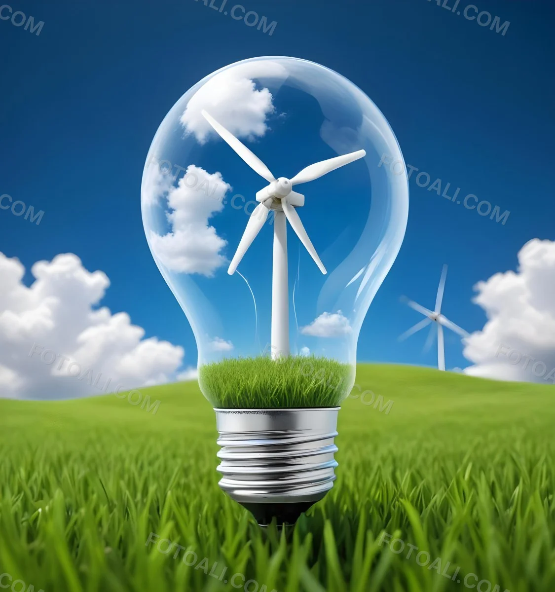 A Light Bulb With A Wind Turbine Inside Green Grass At The Bottom Blue Sky With Clouds In The Background Wind Turbines In The Distance 32 2a52