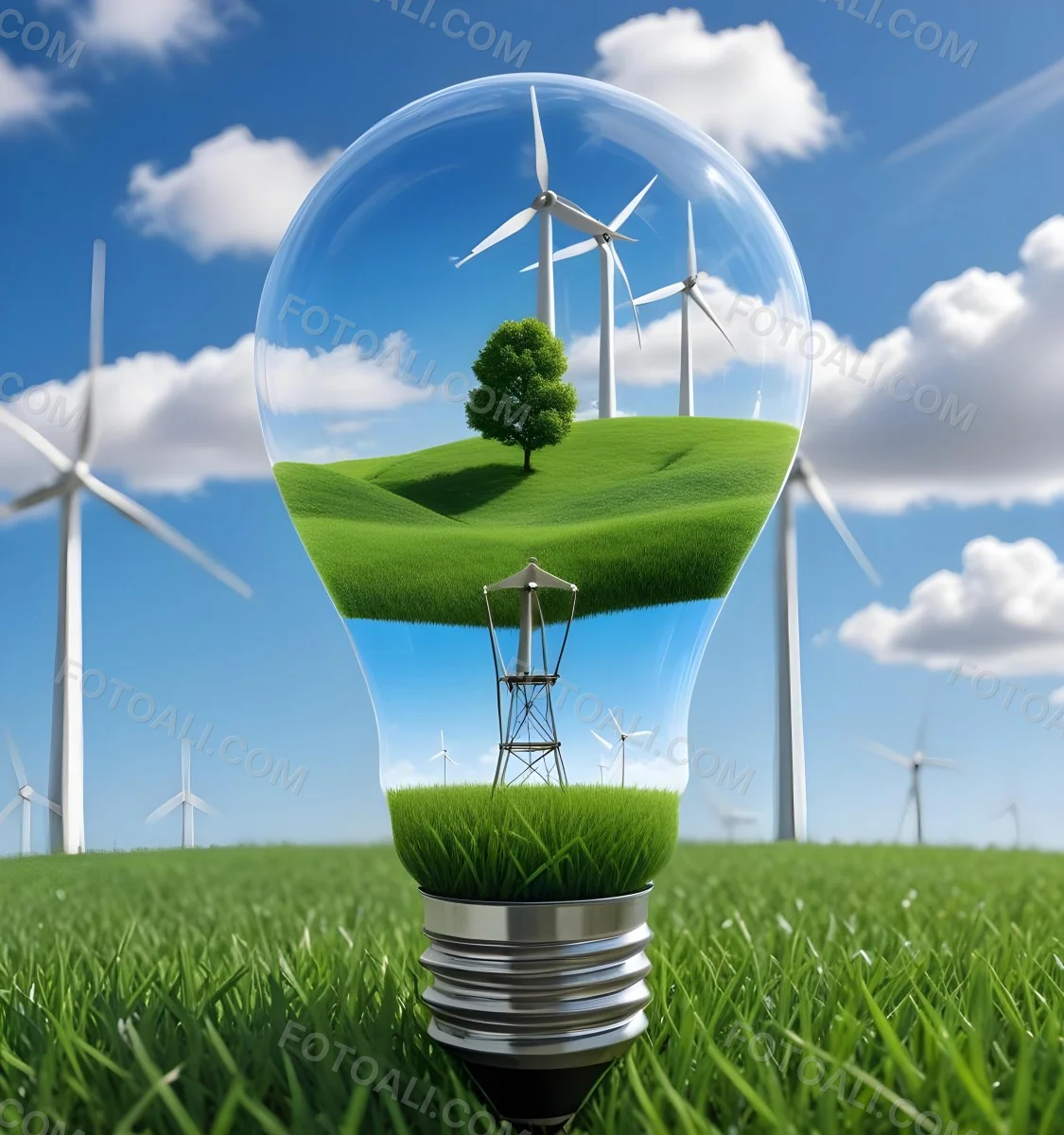 A Light Bulb With A Wind Turbine Inside Green Grass At The Bottom Blue Sky With Clouds In The Background Wind Turbines In The Distance 34 8db2