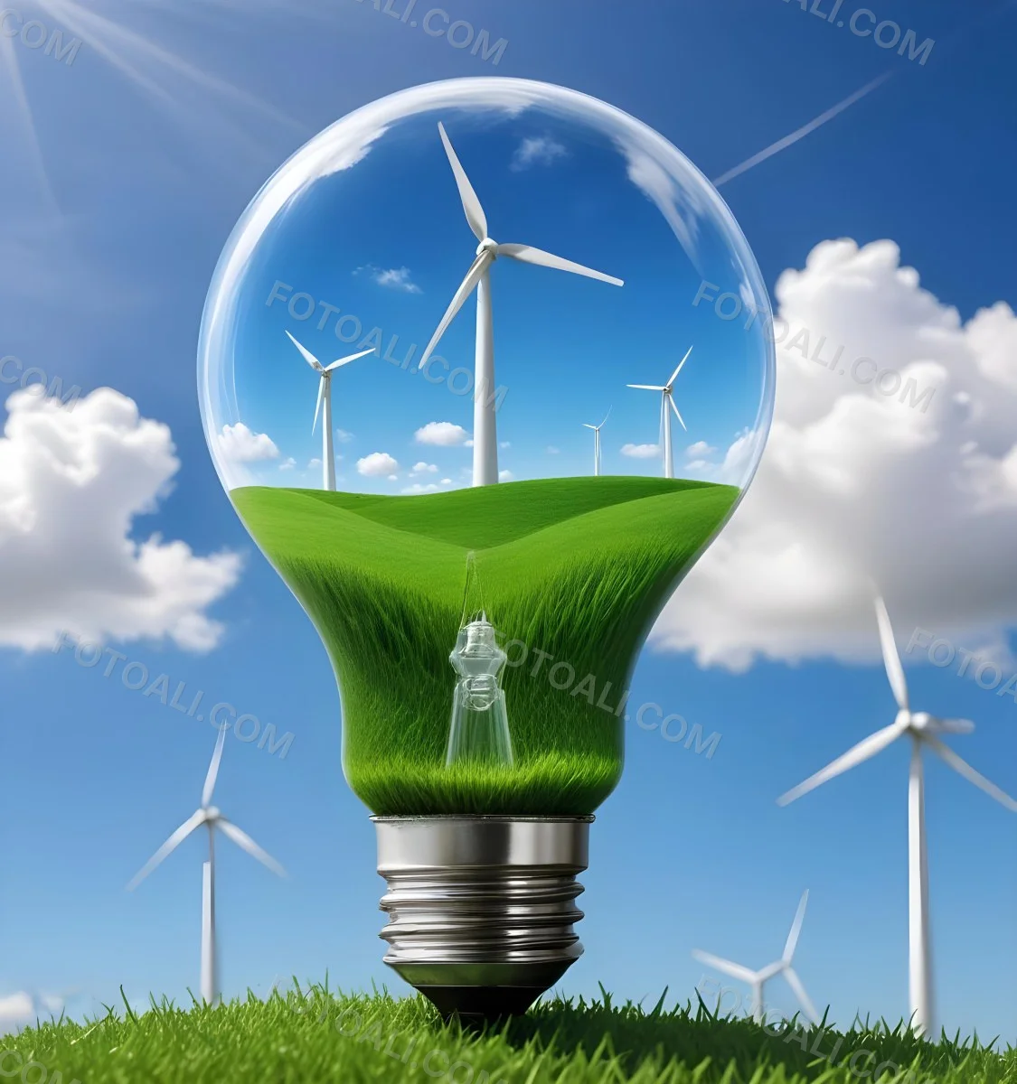 A Light Bulb With A Wind Turbine Inside Green Grass At The Bottom Blue Sky With Clouds In The Background Wind Turbines In The Distance 36 43f8