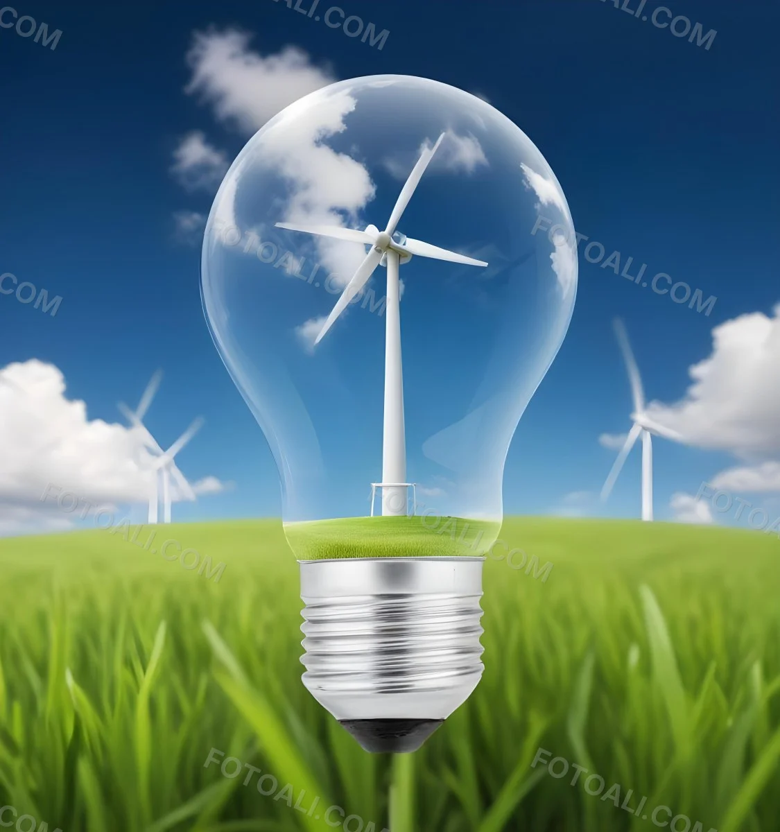 A Light Bulb With A Wind Turbine Inside Green Grass At The Bottom Blue Sky With Clouds In The Background Wind Turbines In The Distance 37 7b4f