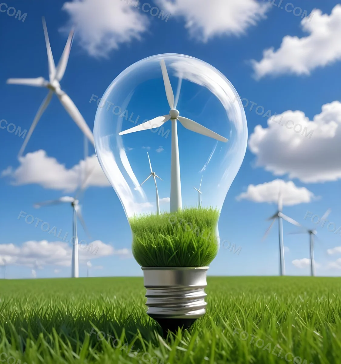 A Light Bulb With A Wind Turbine Inside Green Grass At The Bottom Blue Sky With Clouds In The Background Wind Turbines In The Distance 41 Ce01