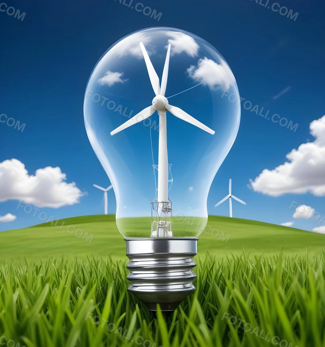 A Light Bulb With A Wind Turbine Inside Green Grass At The Bottom Blue Sky With Clouds In The Background Wind Turbines In The Distance 5 38aa