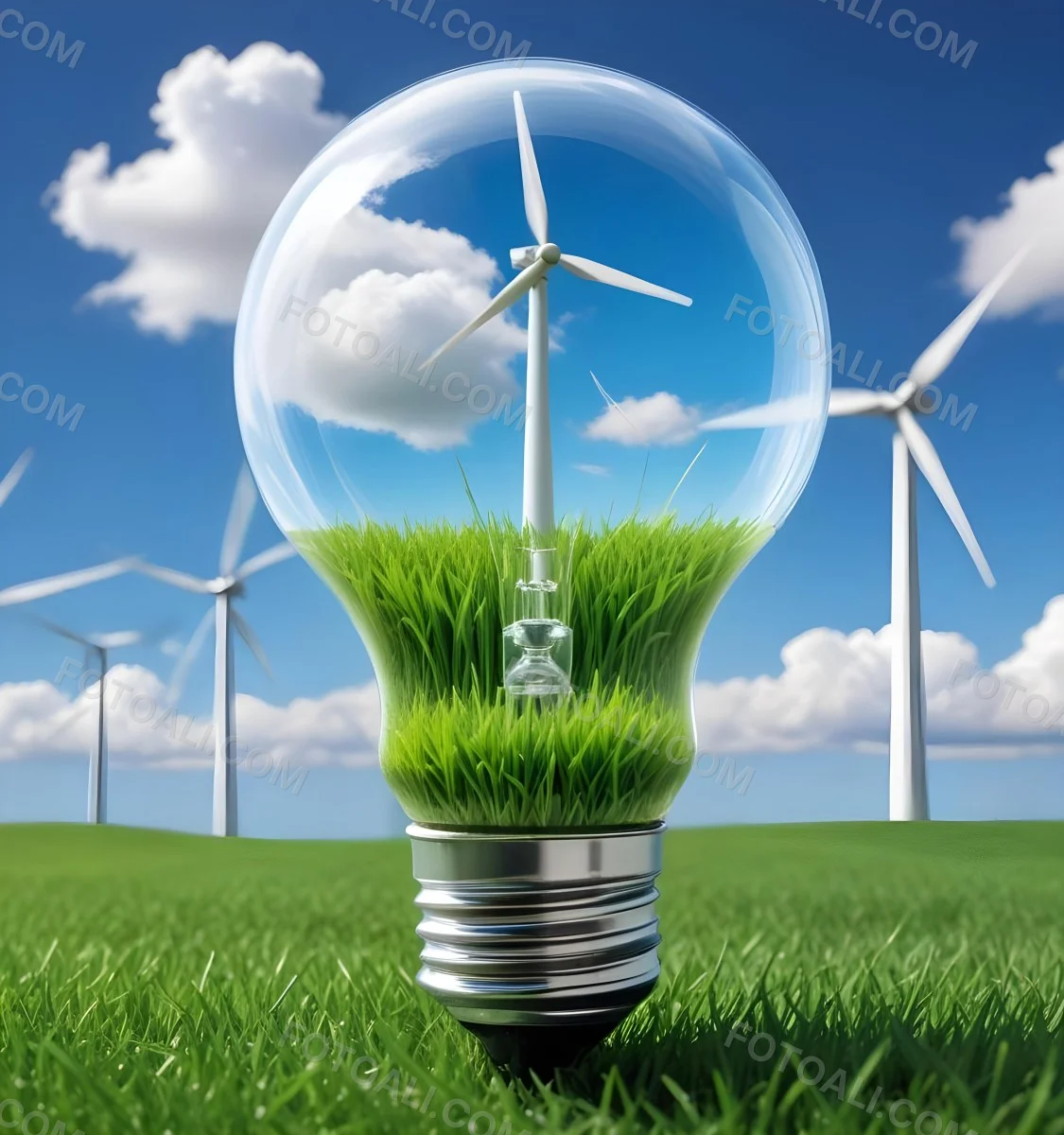 A Light Bulb With A Wind Turbine Inside Green Grass At The Bottom Blue Sky With Clouds In The Background Wind Turbines In The Distance 6 Fa97
