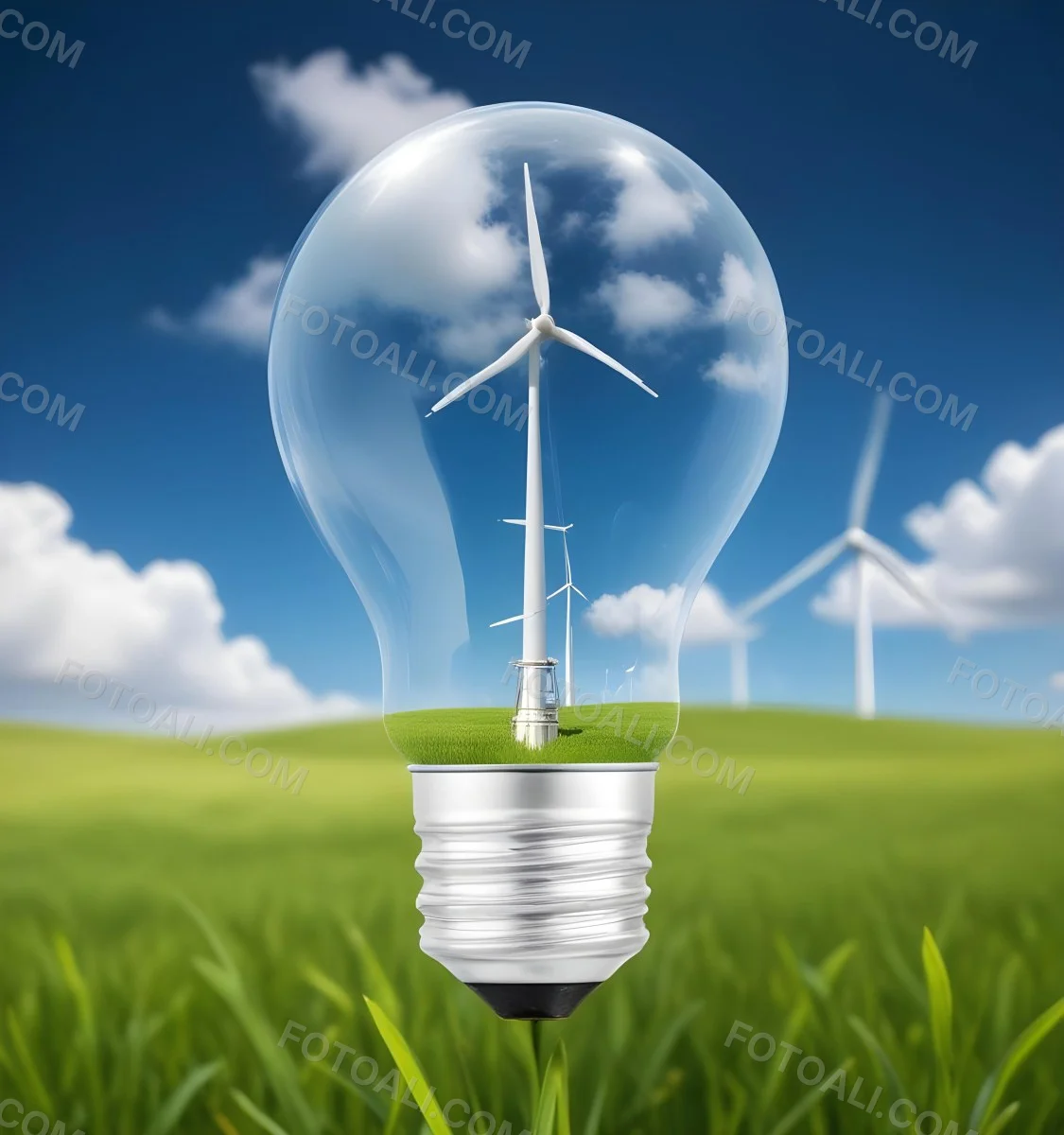 A Light Bulb With A Wind Turbine Inside Green Grass At The Bottom Blue Sky With Clouds In The Background Wind Turbines In The Distance 9 D727