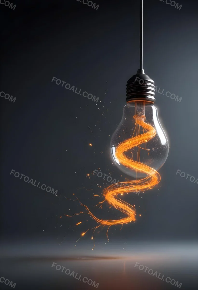 A Light Bulb With An Orange Light Trail Inside And Sparkles Coming Out Of It On A Light Background 11 Ae4d
