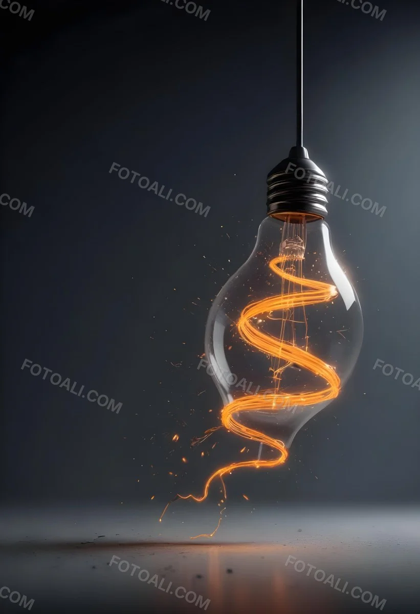 A Light Bulb With An Orange Light Trail Inside And Sparkles Coming Out Of It On A Light Background 15 2d14