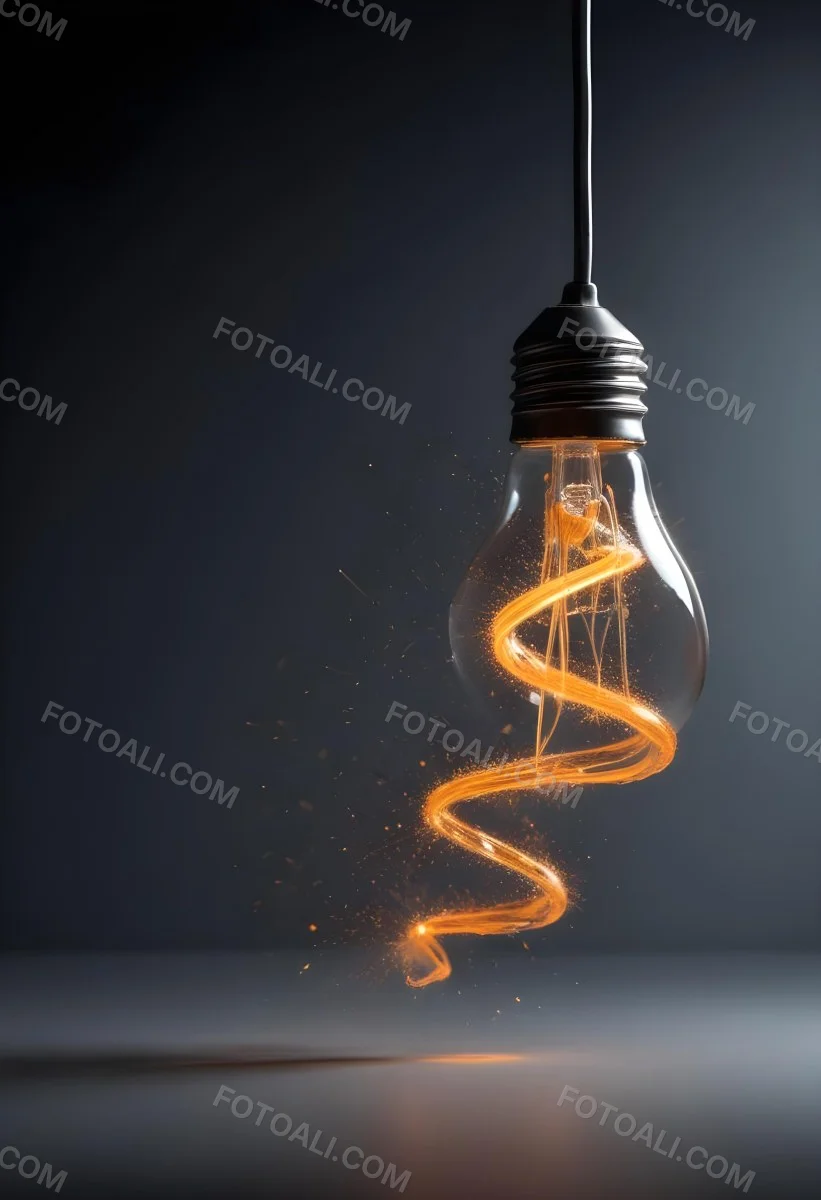 A Light Bulb With An Orange Light Trail Inside And Sparkles Coming Out Of It On A Light Background 18 2c18