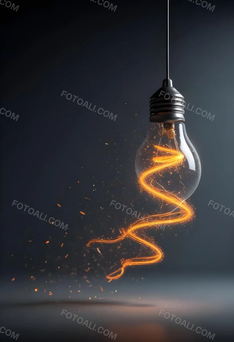 A Light Bulb With An Orange Light Trail Inside And Sparkles Coming Out Of It On A Light Background 20 5426