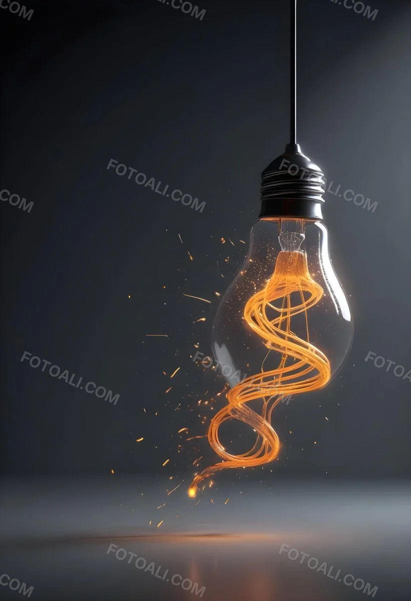 A Light Bulb With An Orange Light Trail Inside And Sparkles Coming Out Of It On A Light Background 29 Fab9