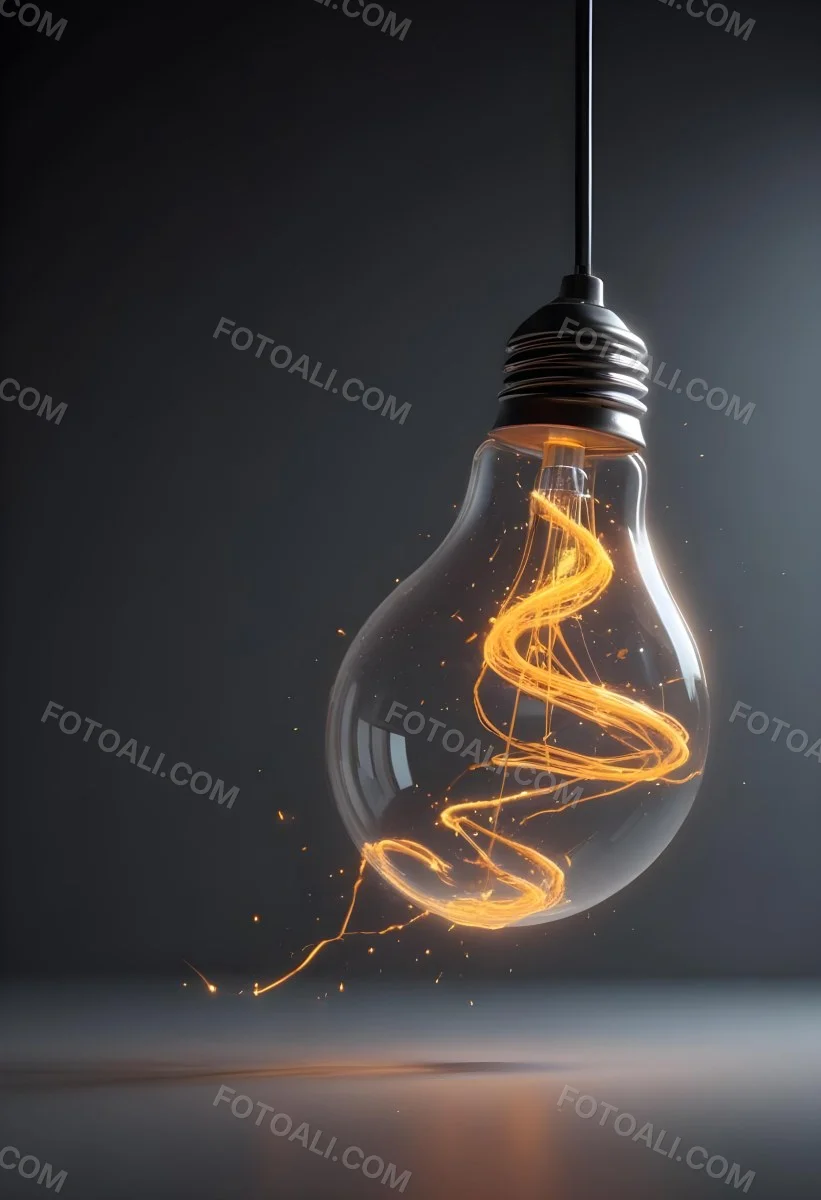 A Light Bulb With An Orange Light Trail Inside And Sparkles Coming Out Of It On A Light Background 4 3651