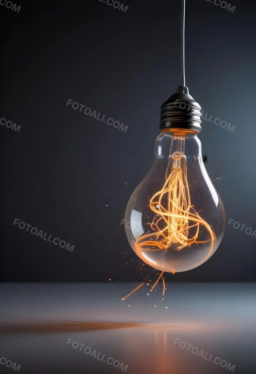 A Light Bulb With An Orange Light Trail Inside And Sparkles Coming Out Of It On A Light Background 5 35a2